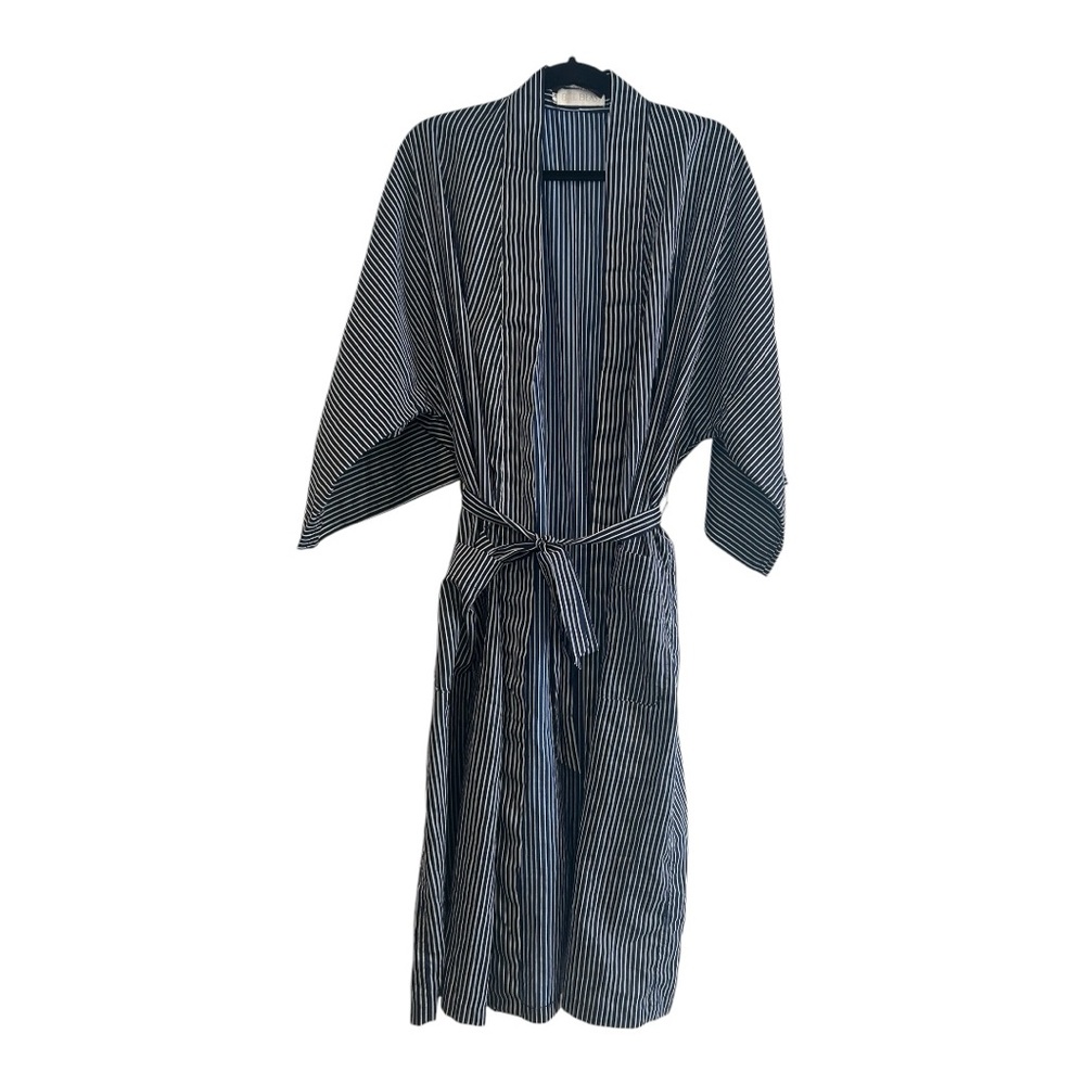 Norm Thompson Bill Blass Robe Mens Striped Blue 3/4 Sleeves Pockets VTG USA XL